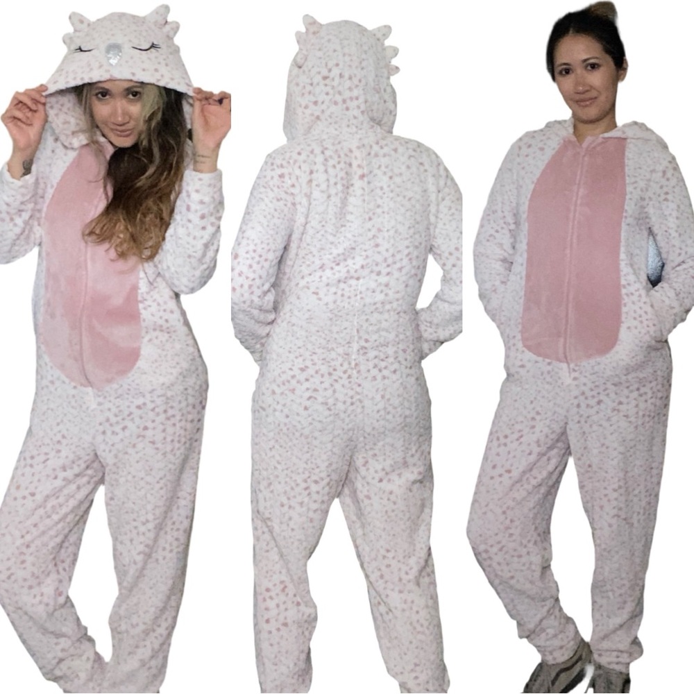 Secret Treasures Cozy Pink and White Owl Hooded Onesie Pajama/ Halloween Costume